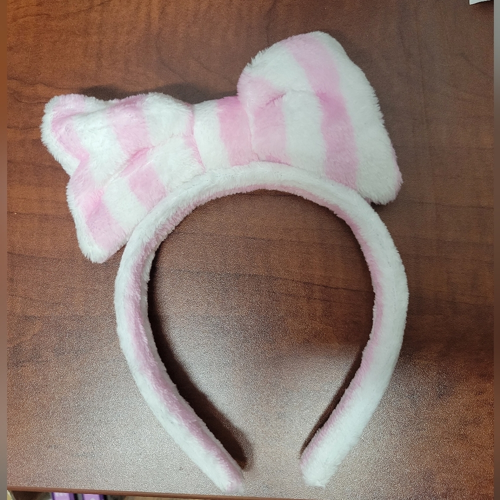 Pink and White Striped Bow Spa Headband NWOT